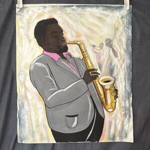 Original Jazz Saxophone Painting‎ Signed Adams 27x23 Musician Art Mixed Media
